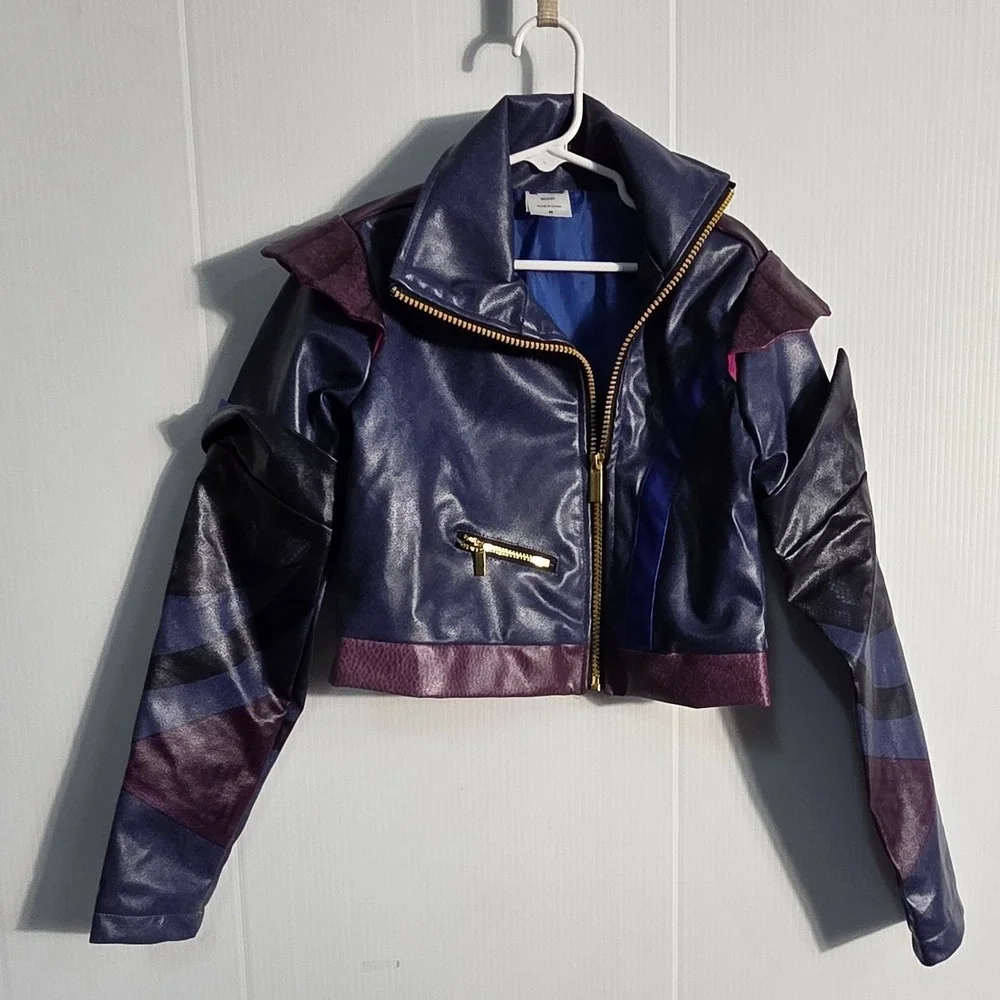 Disney Descendants 3 Mal Purple Faux Leather Moto Jacket Kids Medium Heart Back - Picture 2 of 7